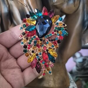 Huge Multicolor Crystal Floral Statement Brooch and Pendant Glass